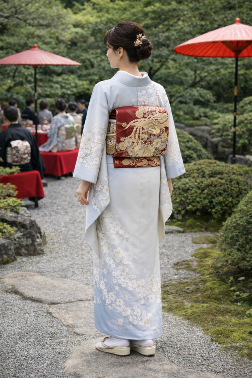 爽やかな訪問着とメリハリの利いた赤い袋帯｜西陣織 芙蓉帯【森本織物謹製】蒔絵 鳳凰桐菊文