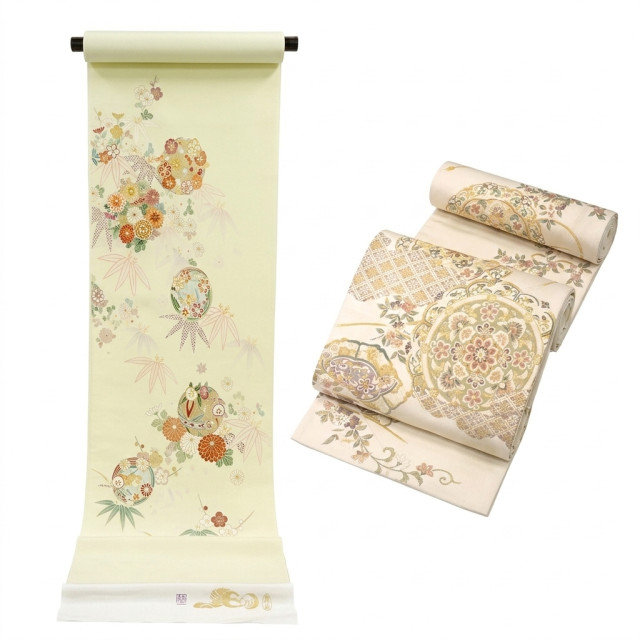 高級付け下げ [正絹未仕立て・松波]に西陣の名門・京藝が贈る、至高の輝き。袋帯「美粧」