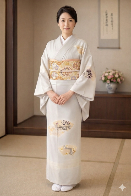 お茶席向き付け下げに特選西陣織袋帯【京藝謹製】「白眉・吉祥文様尽くし」の帯