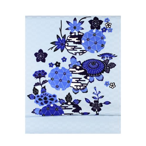 琉球紅型 九寸名古屋帯（お太鼓柄）｜空色地 市松文に雪輪・牡丹・紅葉