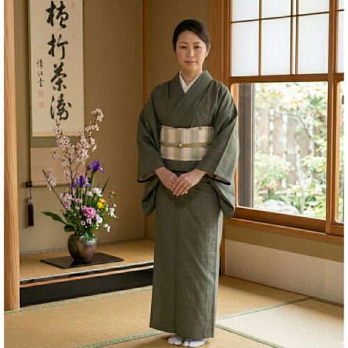 お稽古着に越後片貝 紺仁 綿紬 反物｜利休茶色に細縞の粋な一枚