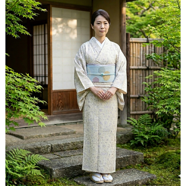 正絹小紋 京染め[紋意匠に捺染染め総柄小紋]　立ち姿