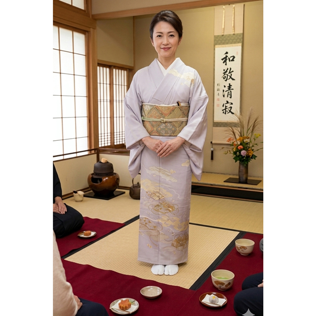 春のお茶会向け訪問着と藤原織物の西陣織袋帯のコーディネート例