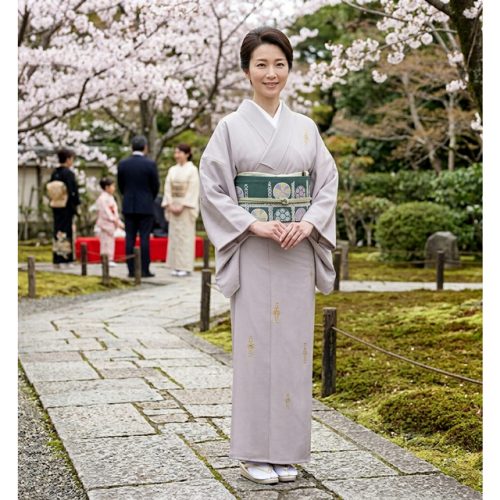 お花見茶会向け薄紫地小紋と西陣織九寸名古屋帯のコーディネート