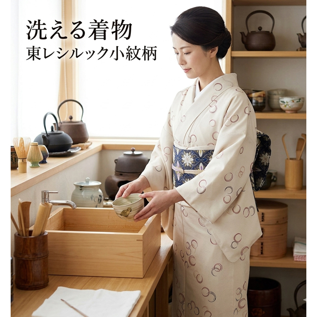 東レの小紋 (輪つなぎ文様) 雨の日、雨が降りそうな時のおでかけやお茶の水屋仕事