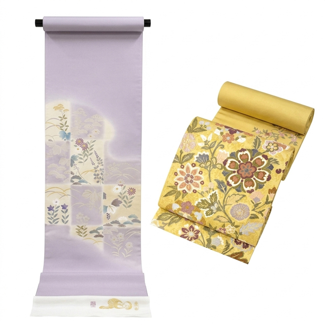 四季を纏う 丹後ちりめん －市松に吉祥の調べ に西陣金華山唐織袋帯