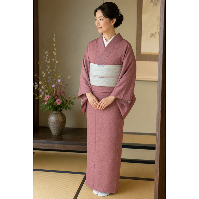 伊勢型小紋ときがら茶と大光織物忍冬文様名古屋帯 お茶会コーディネートの着姿