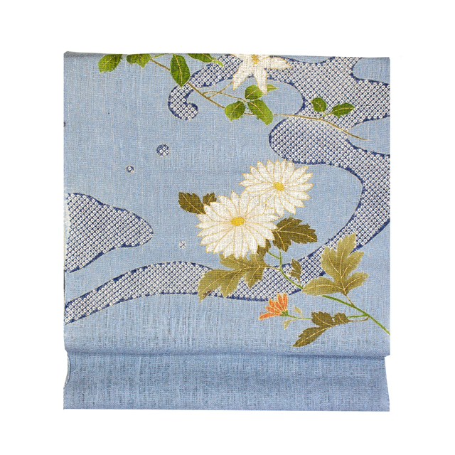 工芸キモノ野口 手描き京友禅 麻の名古屋帯 秘色 菊鉄線文様　お太鼓柄