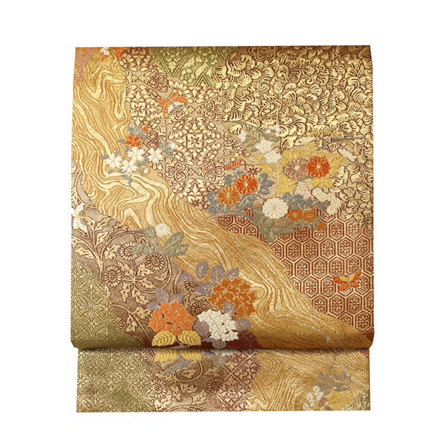 【西陣織 袋帯】浅野織屋 平安流水に四季花文様 金彩 正絹 証紙付き | フォーマル・礼装用