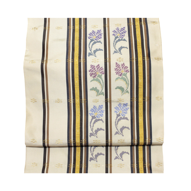 帯屋捨松 謹製｜九寸名古屋帯｜西陣織｜ベージュ×忍冬唐草・間道文様｜お茶席・観劇・趣味の会・付け下げ・小紋に最適