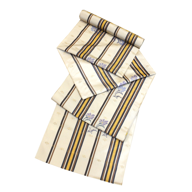 帯屋捨松 謹製｜九寸名古屋帯｜西陣織｜ベージュ×忍冬唐草・間道文様｜お茶席・観劇・趣味の会・付け下げ・小紋に最適