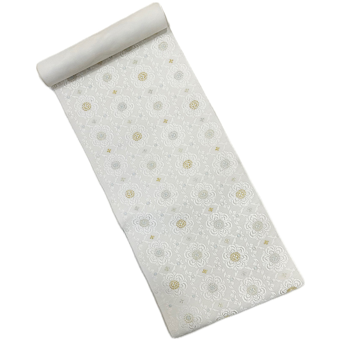 西陣織 九寸名古屋帯 白地唐華文様｜ふくい謹製｜お茶席にふさわしい上品な帯