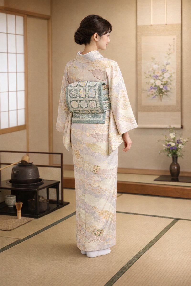 「縁」154ｃｍ～160ｃｍ お茶事 ちりめん地 風景柄 小紋 正絹 Ｉ５５５ 京呉服 塚本 / 小紋・紬