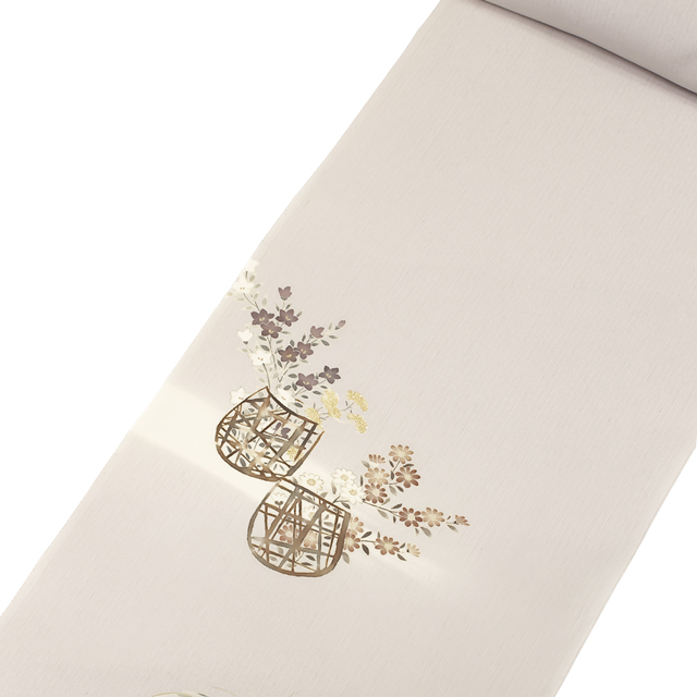 ［9172］訪問着 美品 道長草花文様 ガード加工済 一つ紋 正絹 着物 袷 仕立て上がり 訪問着 単品 桂由美 「白 青灰色、道長取りに辻が花