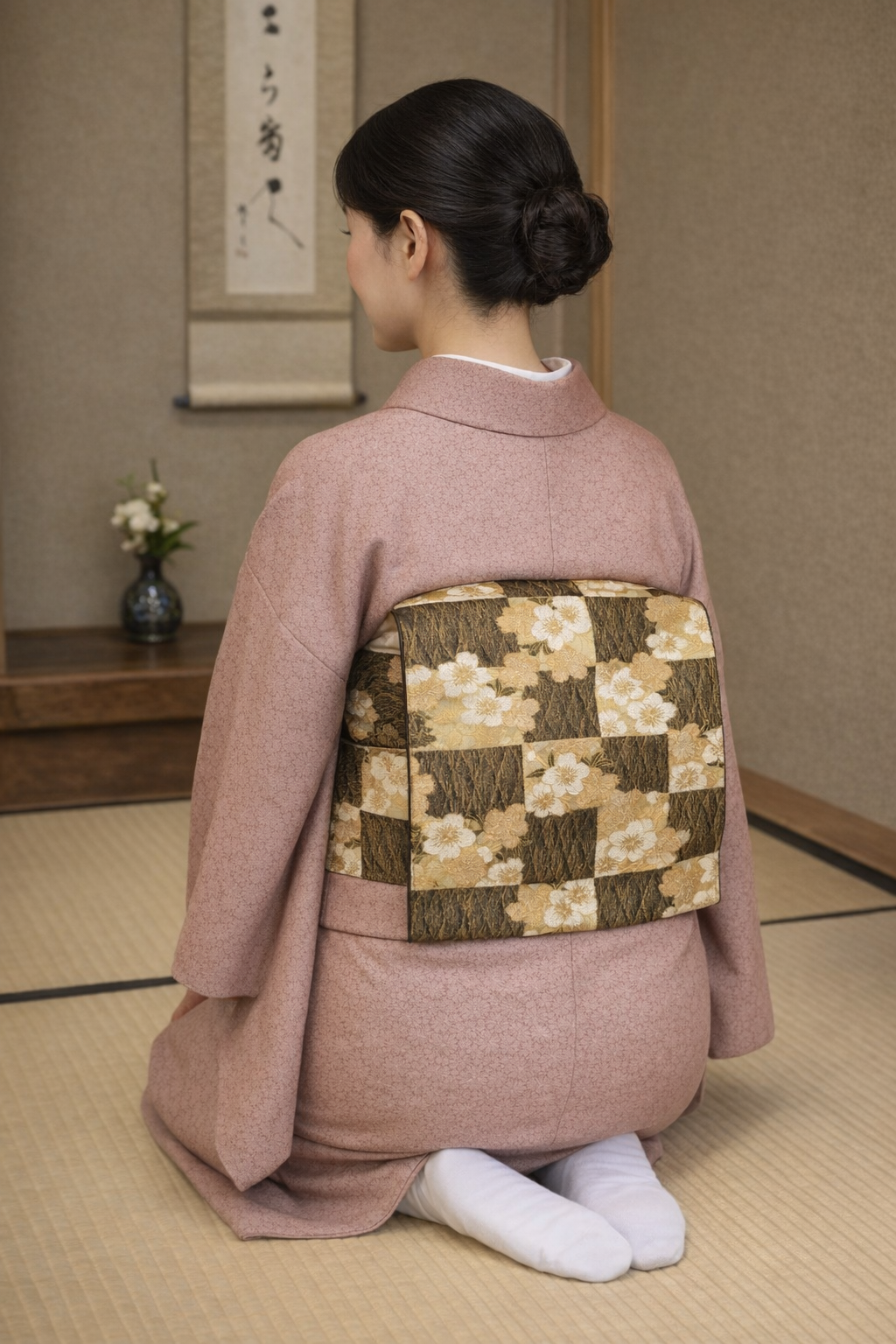 袋帯 洒落袋帯 西陣織 全通柄 市松柄 縞に菱型模様 枝模様 ミントグリーンｘ白ｘブラック 銀糸 ラメ糸 絹 仕立て上がり 着物帯 長さ456cm 川北国雄 謹製 西陣織袋帯｜市松に桜文様・洒落感ある一条 六通柄 [DA