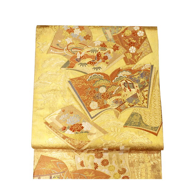 小森織物謹製「佐賀箔百華」～金箔織りの高級袋帯。御所車・松竹梅・菊・牡丹・紅葉を描く四季の美～