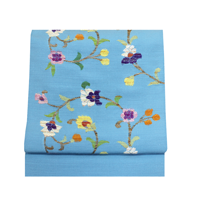 帯屋捨松】西陣織 八寸名古屋帯 ベンガル花文（百群色ブルー）六通柄