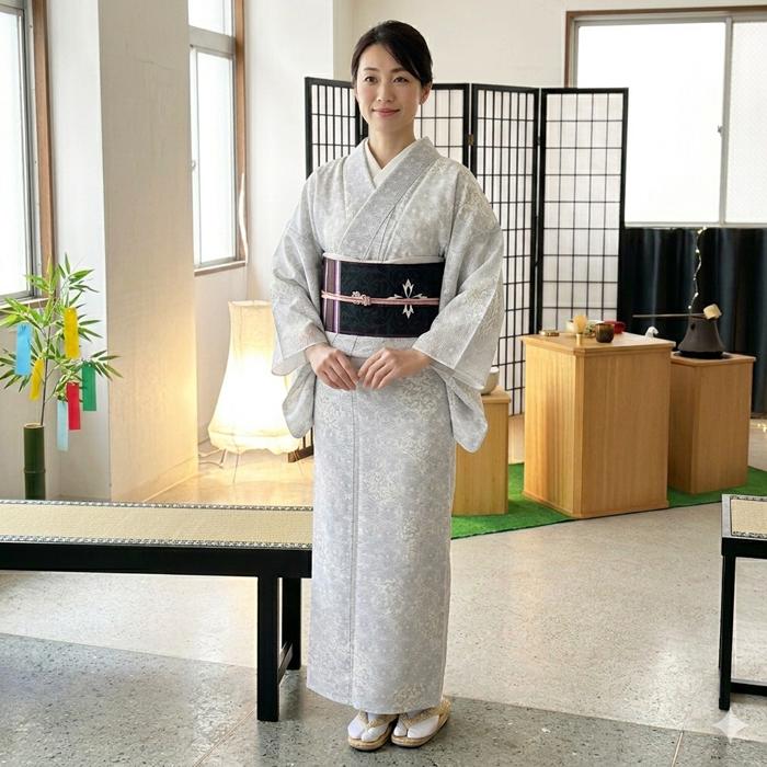 夏名古屋帯 正絹 未仕立て｜黒×グリーン×紫 幾何学模様 盛夏用 気軽に
