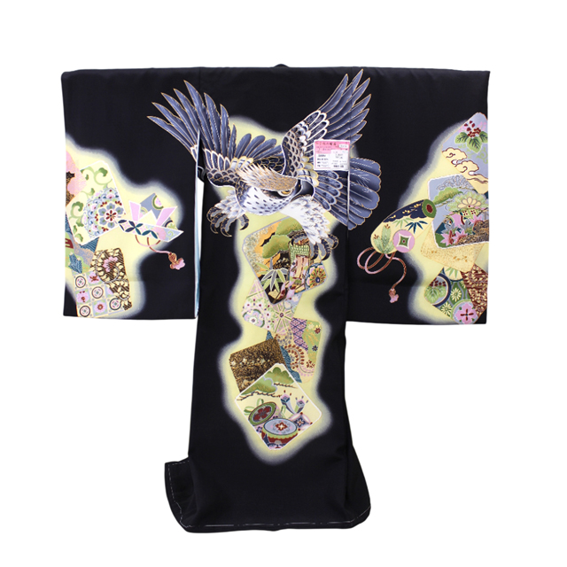 【お宮参り着・男児】のしめ　正絹 黒地 鷹に御所車・松笹 勇壮な黄ぼかし仕立て（七五三お直し対応）